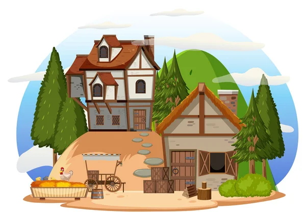 Isolated Ancient Medieval Village Illustration — Stock Vector