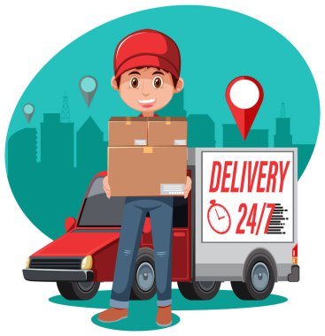 Kurye teslimat paneli resimli bir paket tutuyor