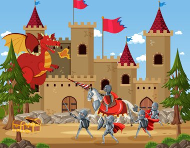 Eski ejderha illüstrasyonuyla savaşan şövalyelerin olduğu ortaçağ sahnesi
