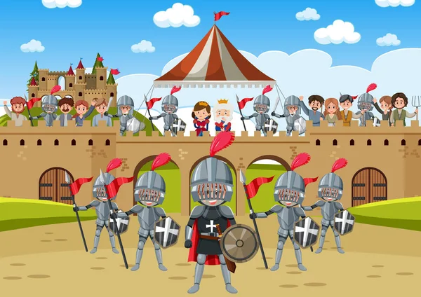 Middeleeuwse Scène Met Royalty Karakter Armor Ridders Illustratie — Stockvector