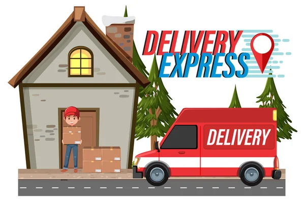 Delivery Express Wortmarke Mit Kurier Der Pakete Ausliefert Illustration — Stockvektor