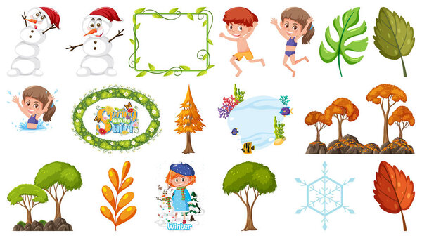 Set of four seasons trees and nature objects illustration