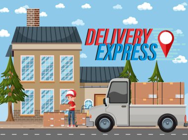 Paketleri teslim eden kurye afiş illüstrasyonunu iletti