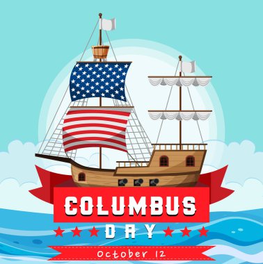 Sancak gemisi illüstrasyonlu mutlu Columbus bayrağı