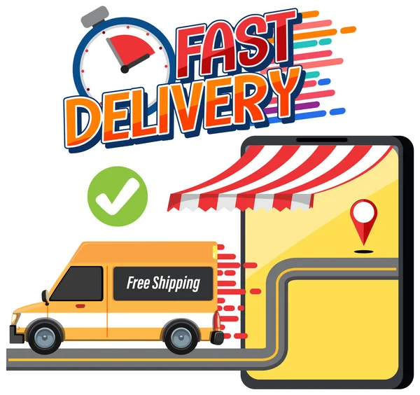 Fast Delivery Wordmark Panel Van Smartphone Illustration — Stock Vector