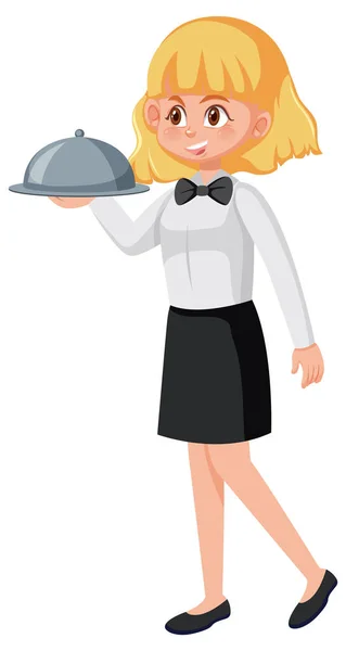 Young Waitress Serving Food White Background Illustration — Stock Vector