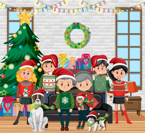 Ευτυχισμένη Οικογένεια Γιορτάζει Χριστούγεννα Ένα Σπίτι Εικονογράφηση — Διανυσματικό Αρχείο