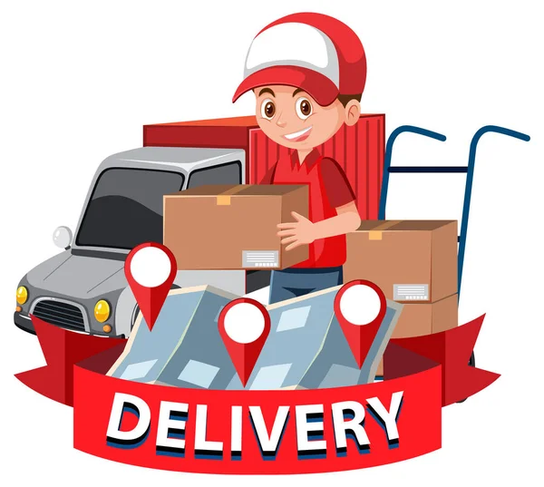 Delivery Express Wortmarke Mit Kurier Der Pakete Ausliefert Illustration — Stockvektor