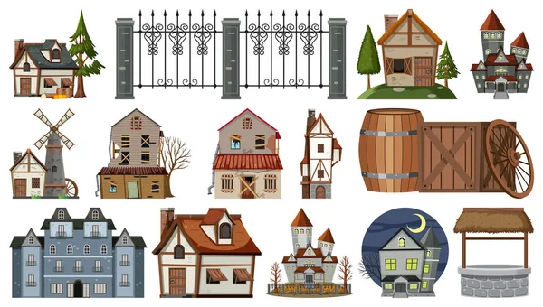 Set Von Verlassenen Häusern Und Gebäuden Illustration — Stockvektor
