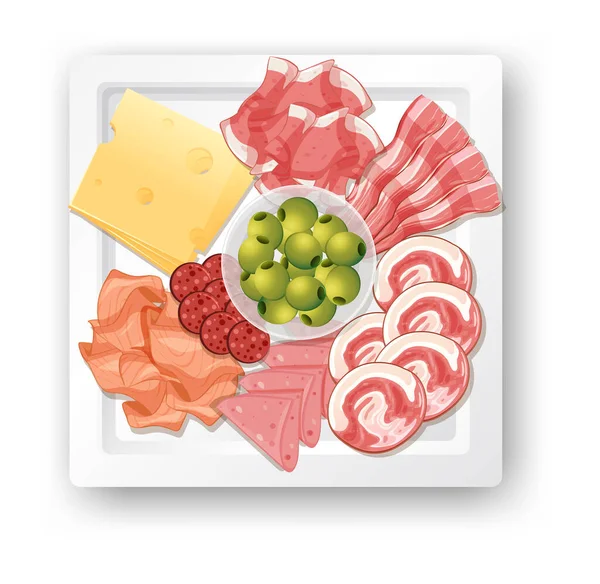 Conjunto Carne Almuerzo Con Diferentes Embutidos Bandeja Ilustración — Vector de stock
