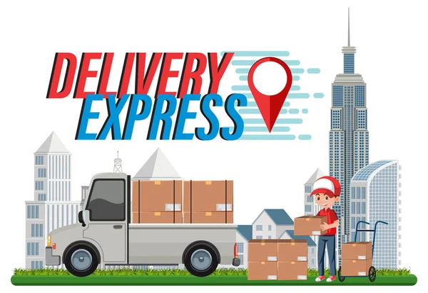 Delivery Express Schriftzug Mit Lieferabholung Und Kurierdarstellung — Stockvektor