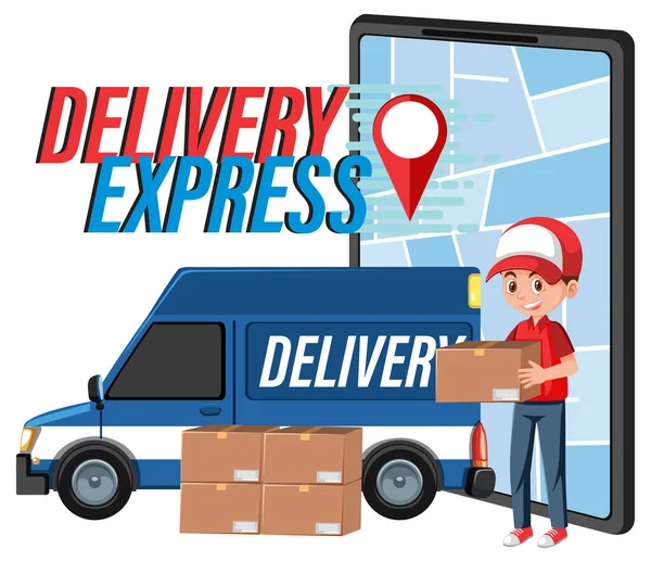 Logo Delivery Express Con Furgoneta Panel Ilustración Mensajería — Vector de stock