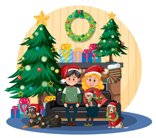 ハッピーカップルお祝いクリスマスでホームイラスト — ストックベクタ