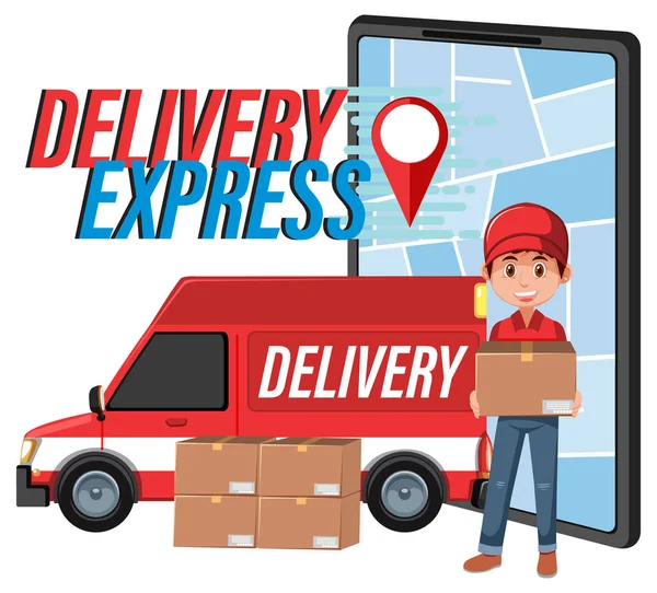 Logo Delivery Express Con Furgoneta Panel Ilustración Mensajería — Vector de stock