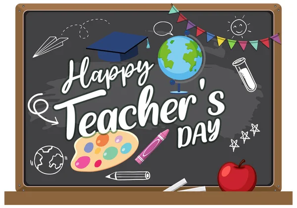 Happy Teacher Day Dengan Seorang Guru Perempuan Menunjuk Pada Ilustrasi - Stok Vektor