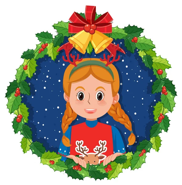 Christmas Wreath Border Cute Girl Illustration — Stock Vector