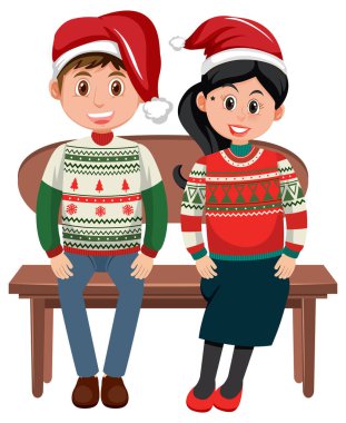 Noel kıyafetleri giyen bir çift, bir bankta oturuyor.