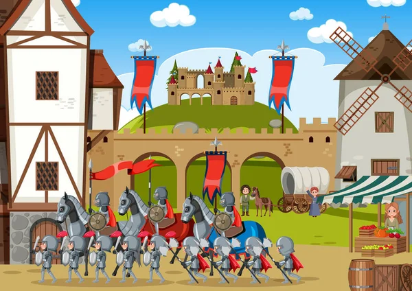 Escena Aire Libre Con Ilustración Del Ejército Medieval — Vector de stock