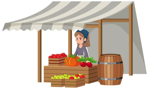 Menina Medieval Loja Frutas Fundo Branco Ilustração —  Vetores de Stock