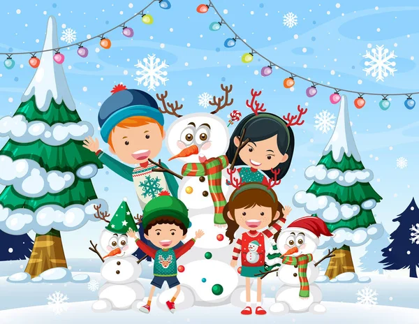 Щаслива Сім Святкує Різдвяну Зимову Ілюстрацію Відкритому Повітрі — стоковий вектор