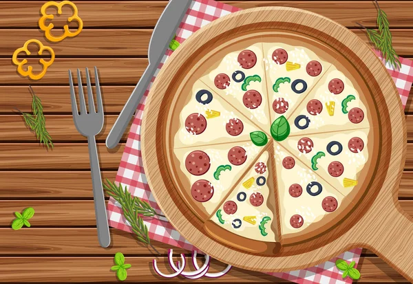 Ovanifrån Hel Pizza Med Pepperoni Toppning Trä Bord Illustration — Stock vektor