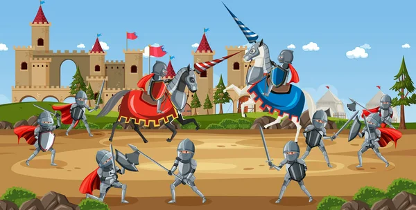 Szene Freien Mit Mittelalterlichen Kriegern Die Der Schlacht Kämpfen Illustration — Stockvektor