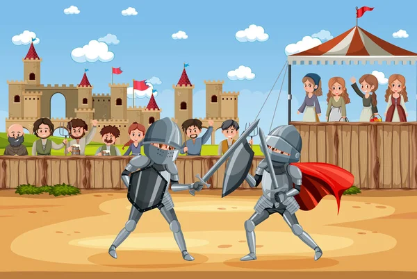 Mittelalterliche Szene Mit Zwei Rittern Die Zusammen Kämpfen Illustration — Stockvektor