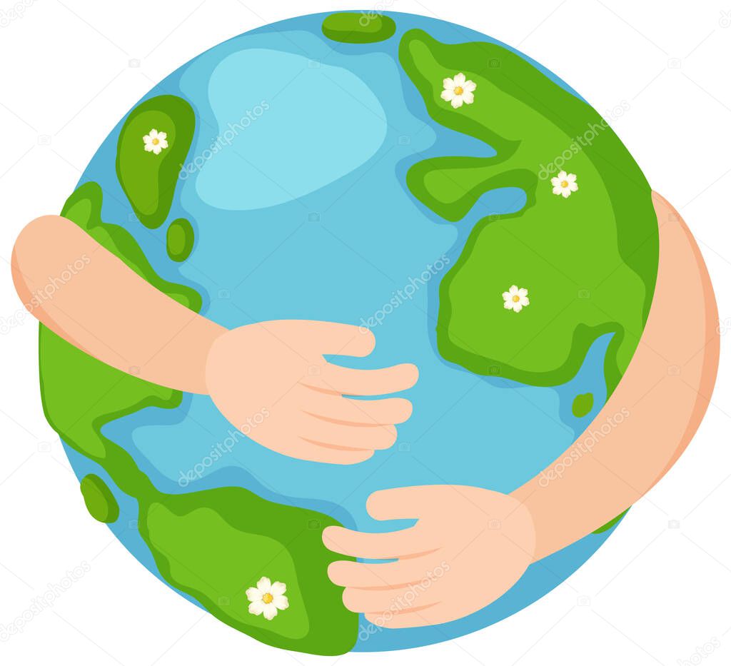 Earth hugged by arms on white background illustration