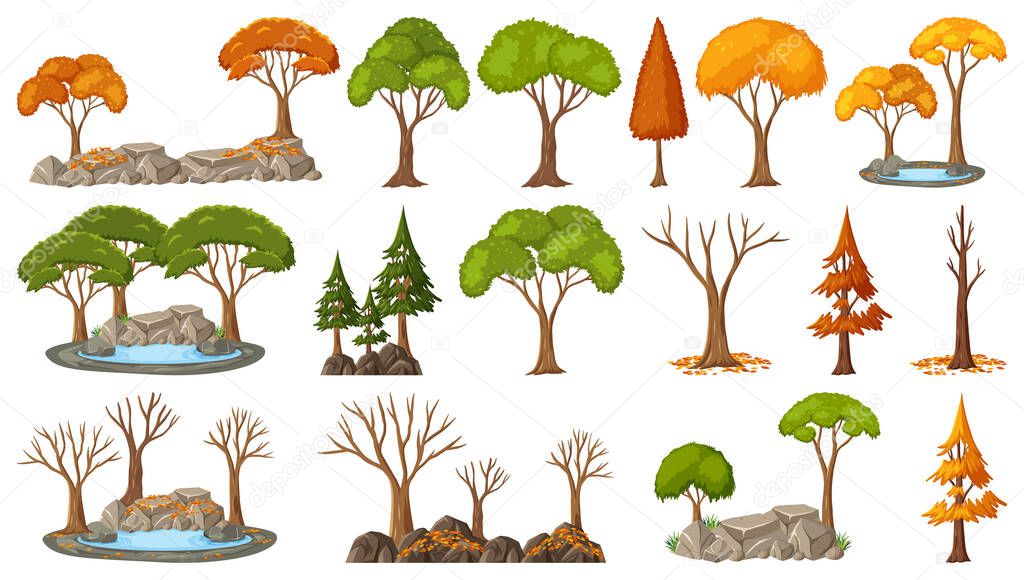 Set of four seasons trees on white background illustration