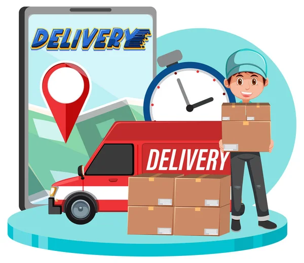 Courier Holding Package Delivery Panel Van Illustration — Stock Vector