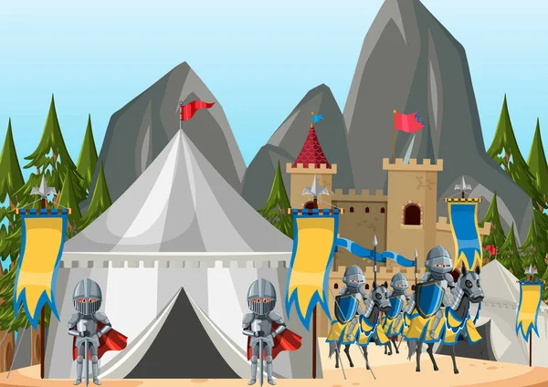 Scène Camp Armée Médiévale Avec Illustration Des Chevaliers — Image vectorielle