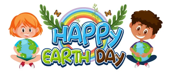 Happy Earth Day Banner Mit Zwei Kindern Cartoon Stil — Stockvektor