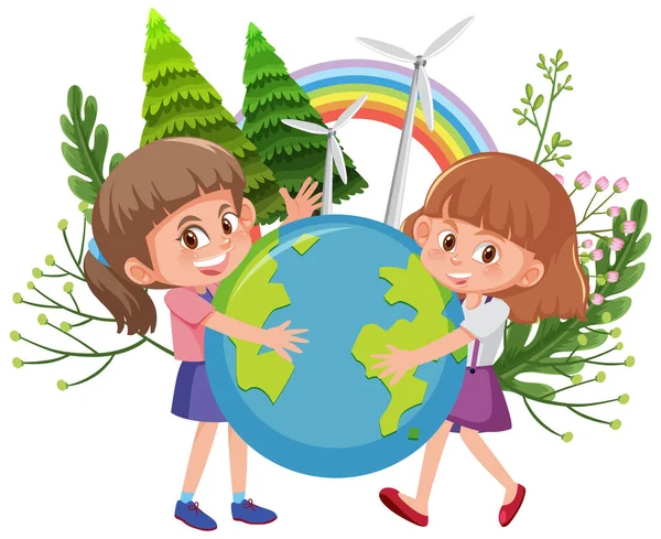 Duas Meninas Abraçando Globo Terra Juntoem Desenho Animado Ilustração Estilo —  Vetores de Stock