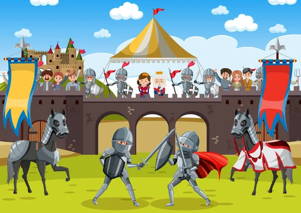 Μεσαιωνικός Ιππότης Κονταρομαχία Τουρνουά Εικόνα Σκηνή — Διανυσματικό Αρχείο
