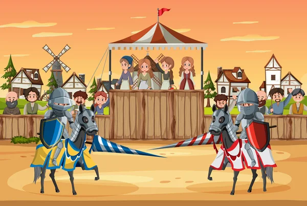 中世纪骑士骑术锦标赛现场图解 — 图库矢量图片