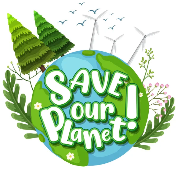 Sparen Onze Planeet Logo Aarde Globe Met Natuur Bomen Illustratie — Stockvector