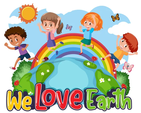 私たちは地球のイラストを歩く幸せな子供たちと地球タイポグラフィのロゴが大好きです — ストックベクタ