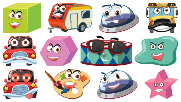 Ensemble Différents Objets Jouets Avec Des Visages Souriants Illustration — Image vectorielle