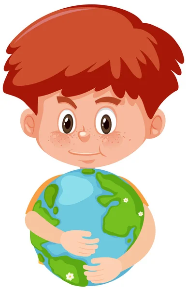 Lindo Niño Abrazando Globo Tierra Ilustración Estilo Dibujos Animados — Vector de stock