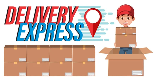 Delivery Express Schriftzug Mit Kurier Der Pakete Hält Illustration — Stockvektor