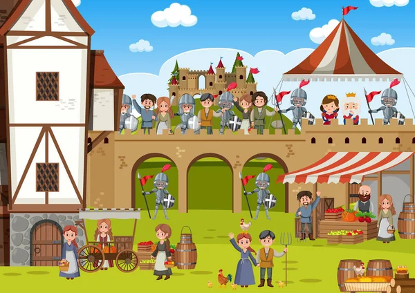 Cena Medieval Com Ilustrações Cavaleiros Aldeões — Vetor de Stock