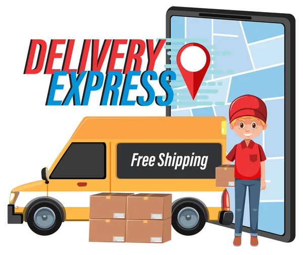 Logo Font Delivery Express Dengan Panel Van Dan Ilustrasi Pekerja - Stok Vektor