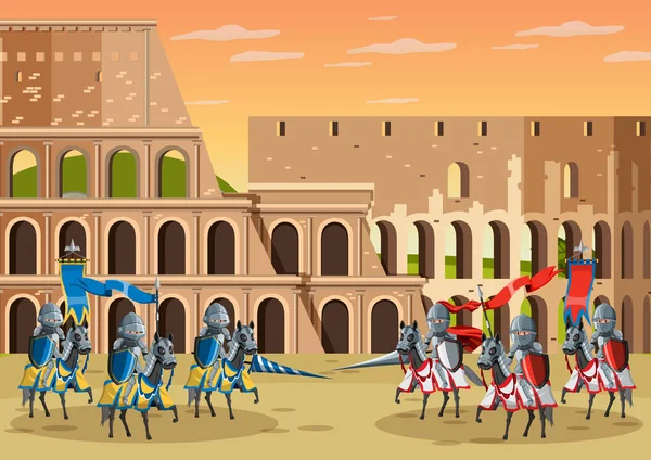 Cena Medieval Com Cavaleiros Blindados Ilustração — Vetor de Stock