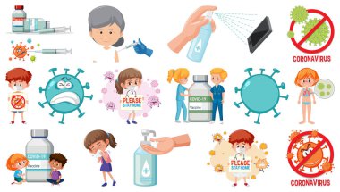 Çizgi film karakteri ve Coronavirus aşısı izole nesneler çizimi