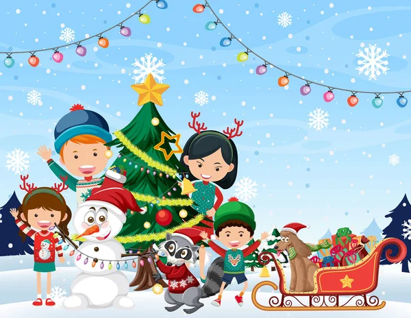 Familia Feliz Celebrando Navidad Invierno Ilustración Aire Libre — Vector de stock