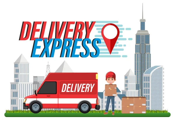 Delivery Express Wortmarke Mit Kurier Der Pakete Ausliefert Illustration — Stockvektor