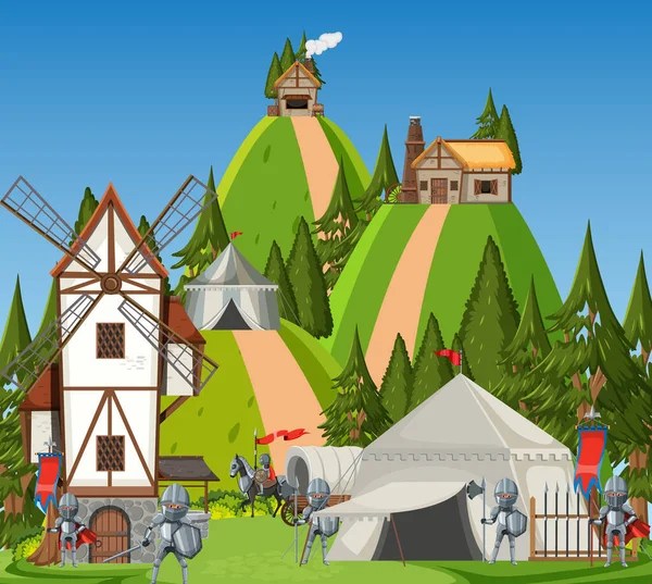 Escena Del Campamento Del Ejército Medieval Ilustración Estilo Dibujos Animados — Vector de stock
