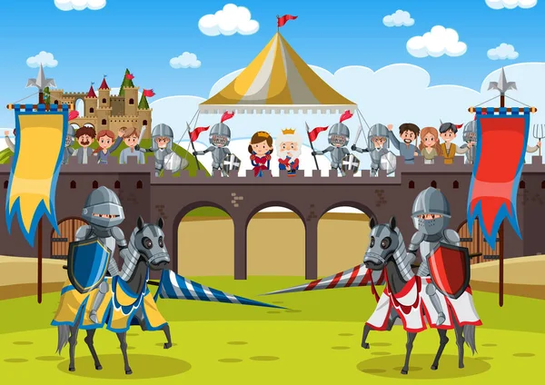 Scène Médiévale Avec Des Guerriers Blindés Dans Illustration Bataille — Image vectorielle