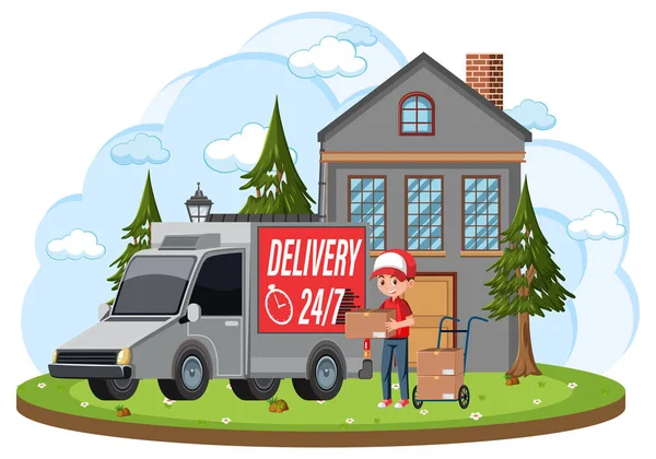 Courier Delivering Packages Standing Front House Illustration — Stock Vector