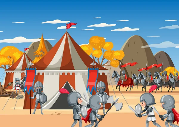 Средневековая Сцена Лагеря Рыцарями Карикатурном Стиле — стоковый вектор